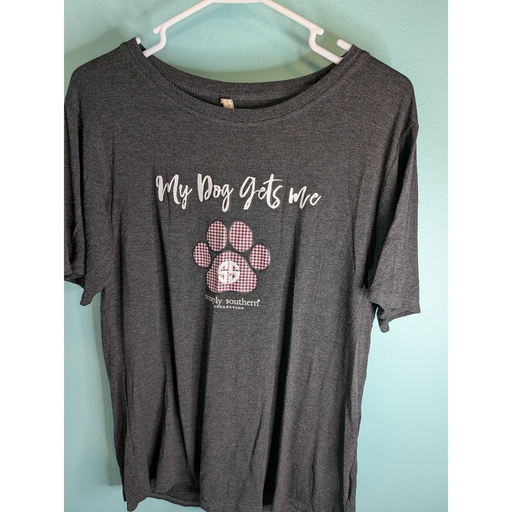 Simply Southern My Dog Gets Me Graphic Tee Charcoal Gray Pink Paw Print Large